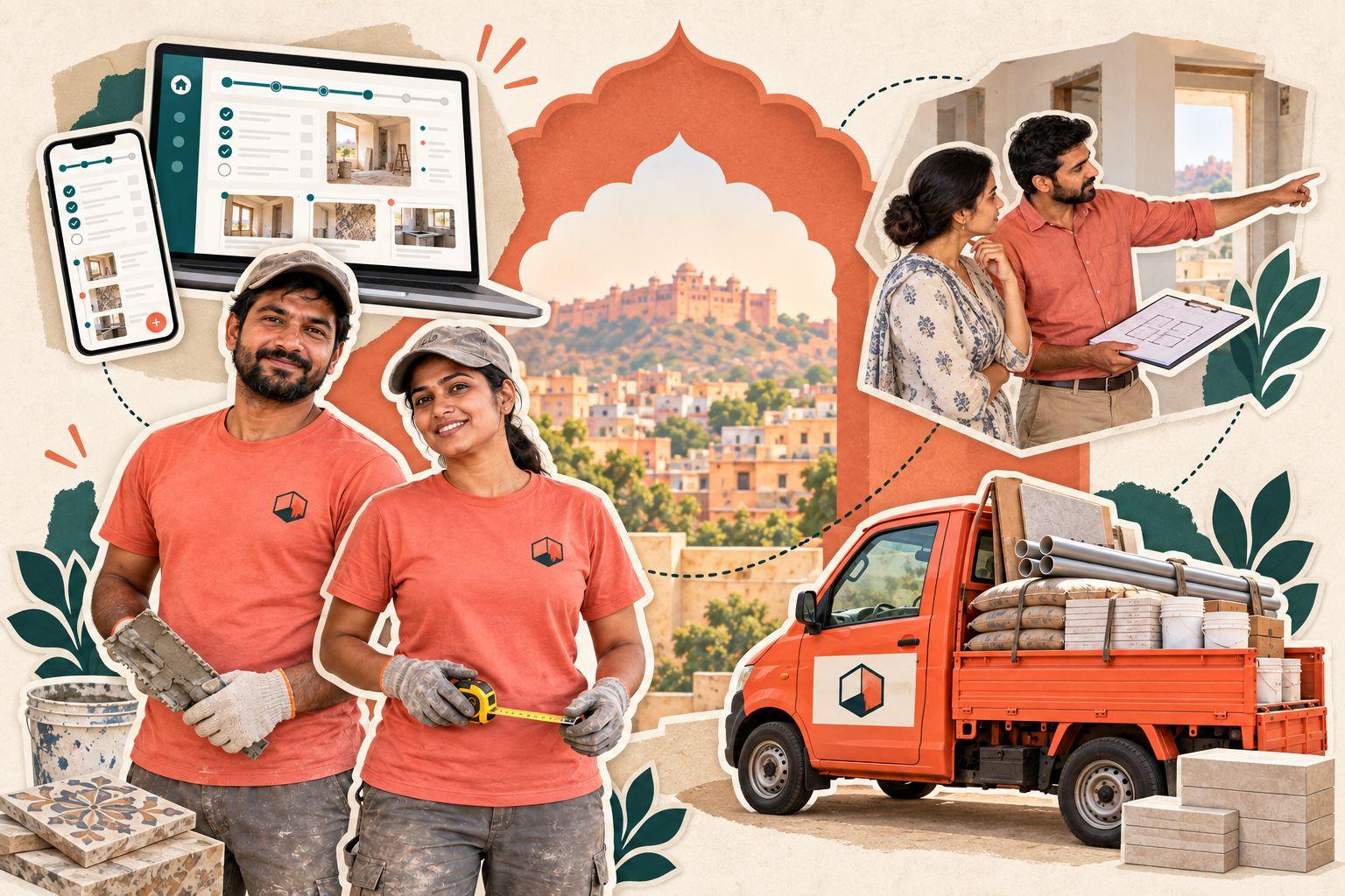 SiteKaam workers, a materials truck, a site adviser and the SiteKaam app, together in one collage