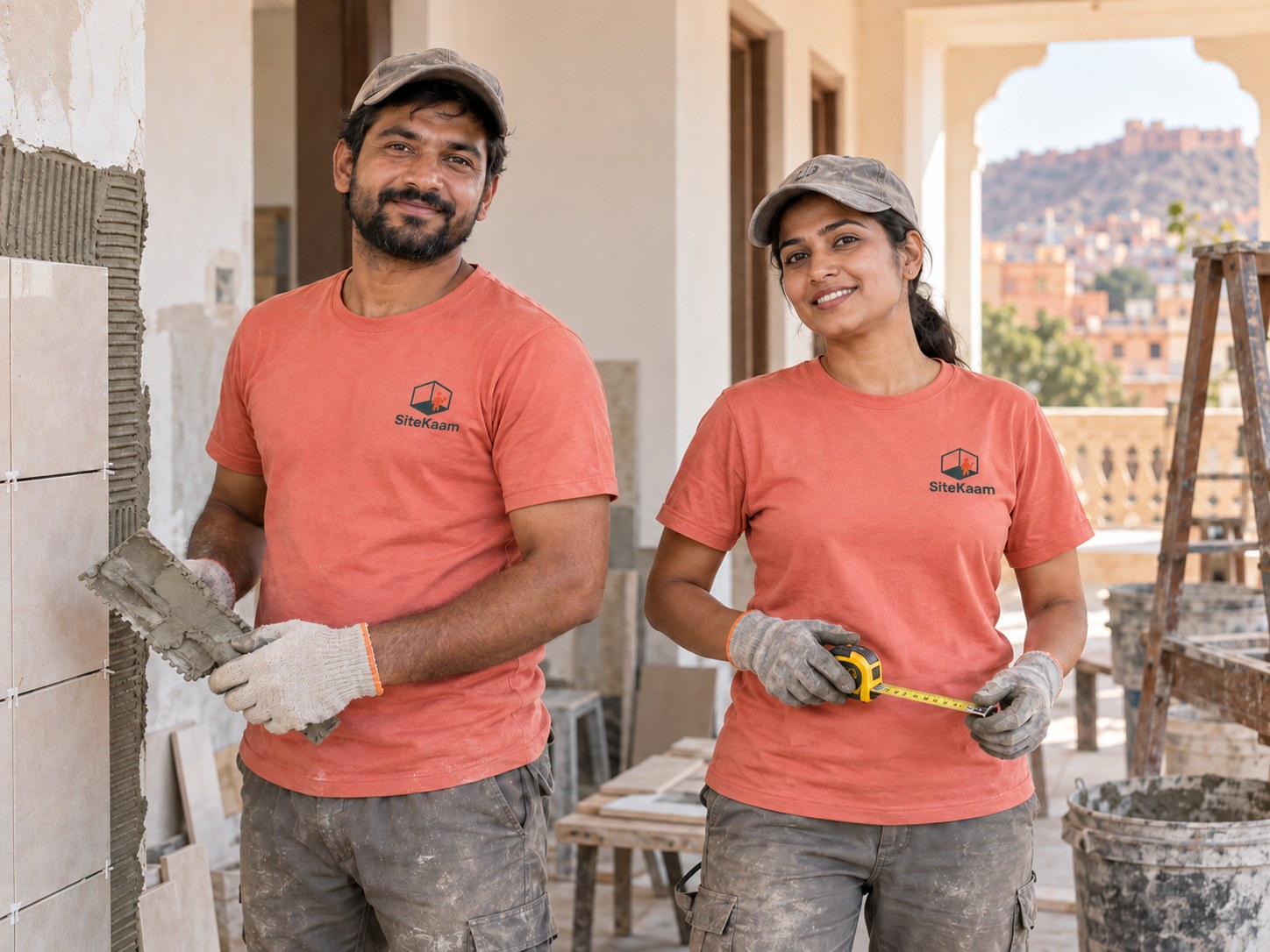 Illustrative male and female SiteKaam crew members at a renovation site