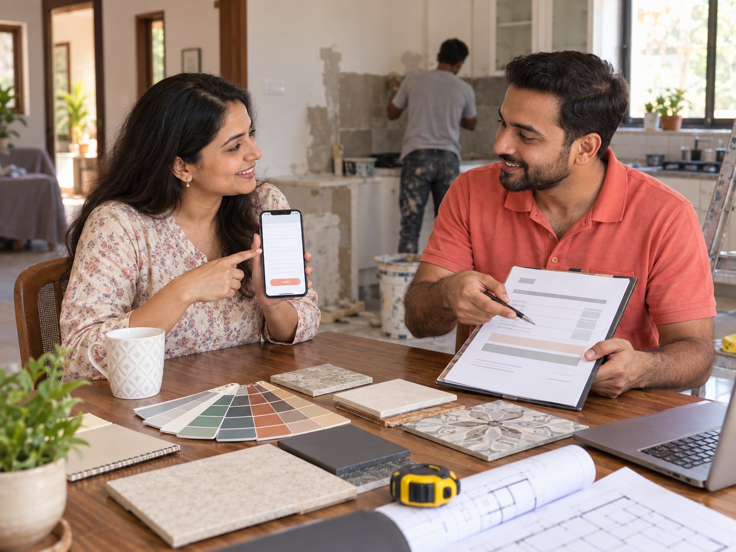 Illustrative homeowner shares work details while an adviser reviews the scope