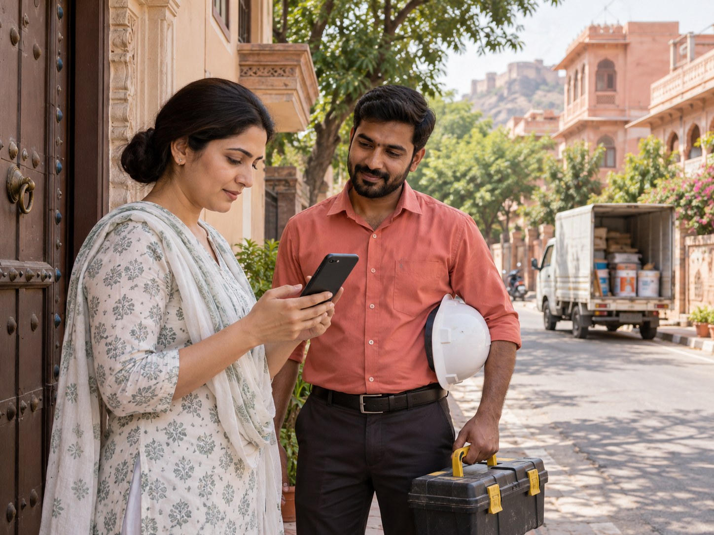 Illustrative resident and worker checking a phone at a Jaipur home entrance