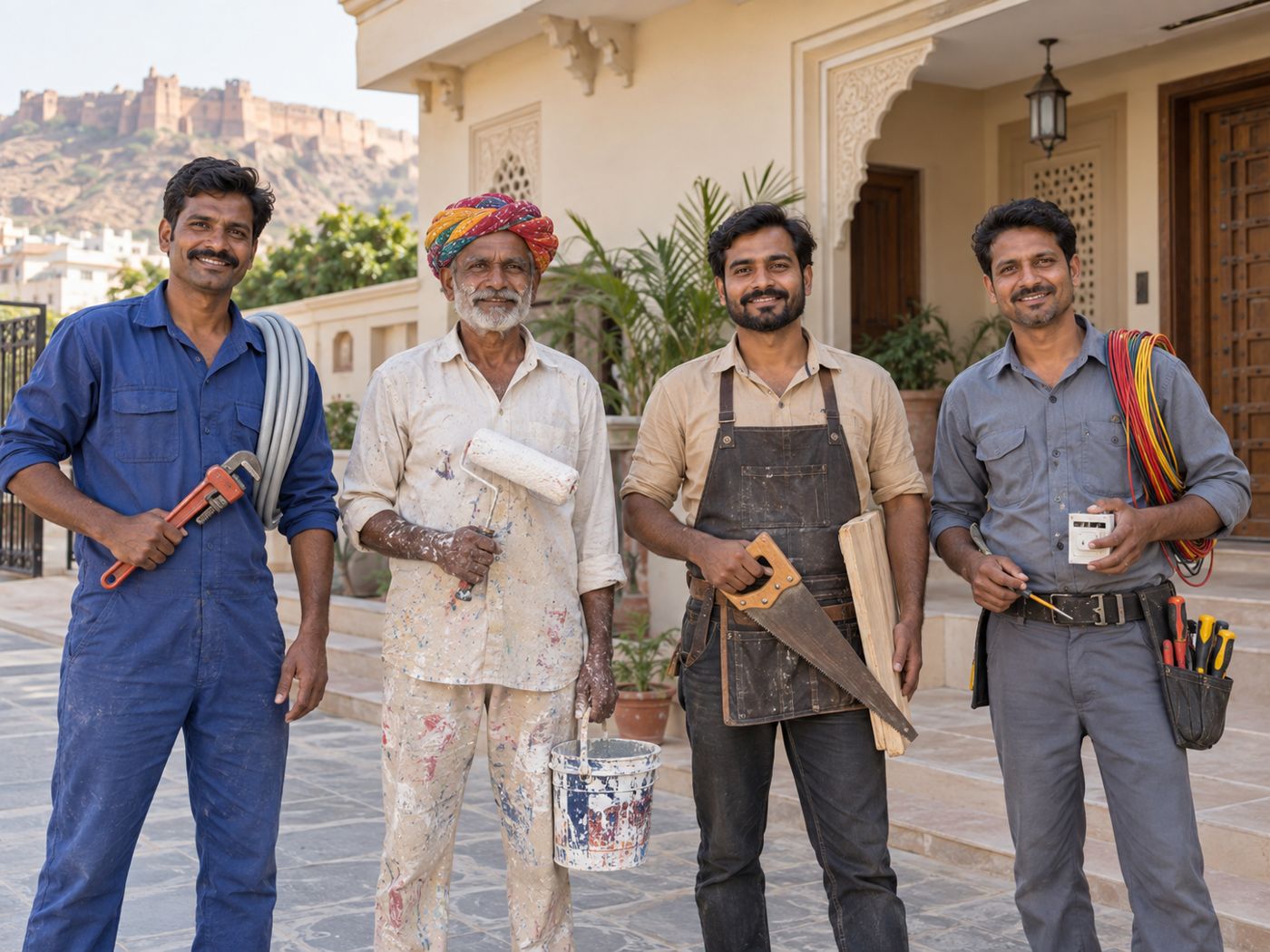 Four tradespeople standing outside a finished home
