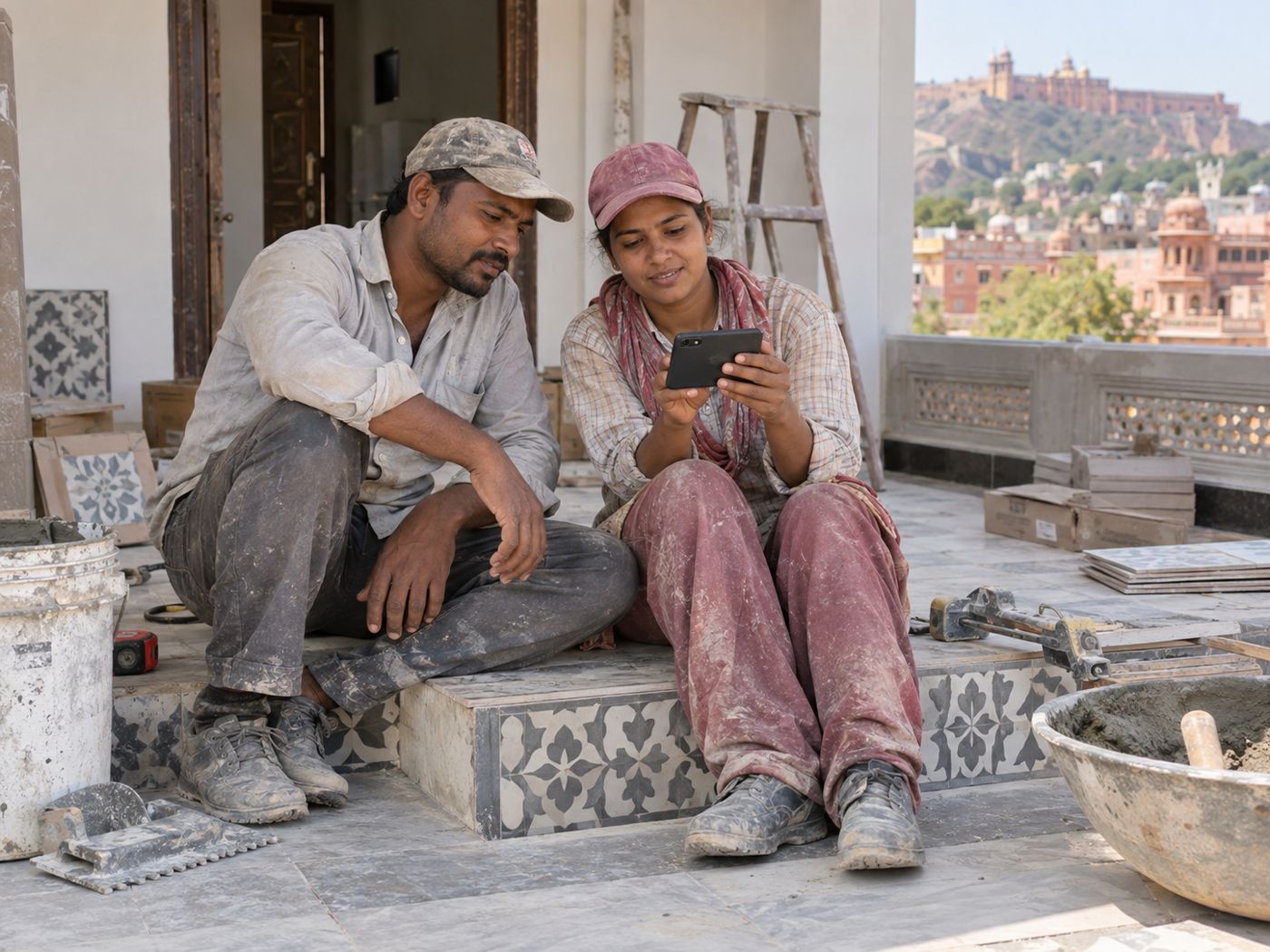 Two tradespeople watching a short lesson on a phone at a Jaipur home site