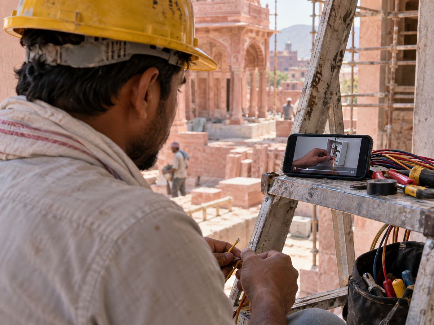An electrician watching a short lesson on a phone propped on a ladder
