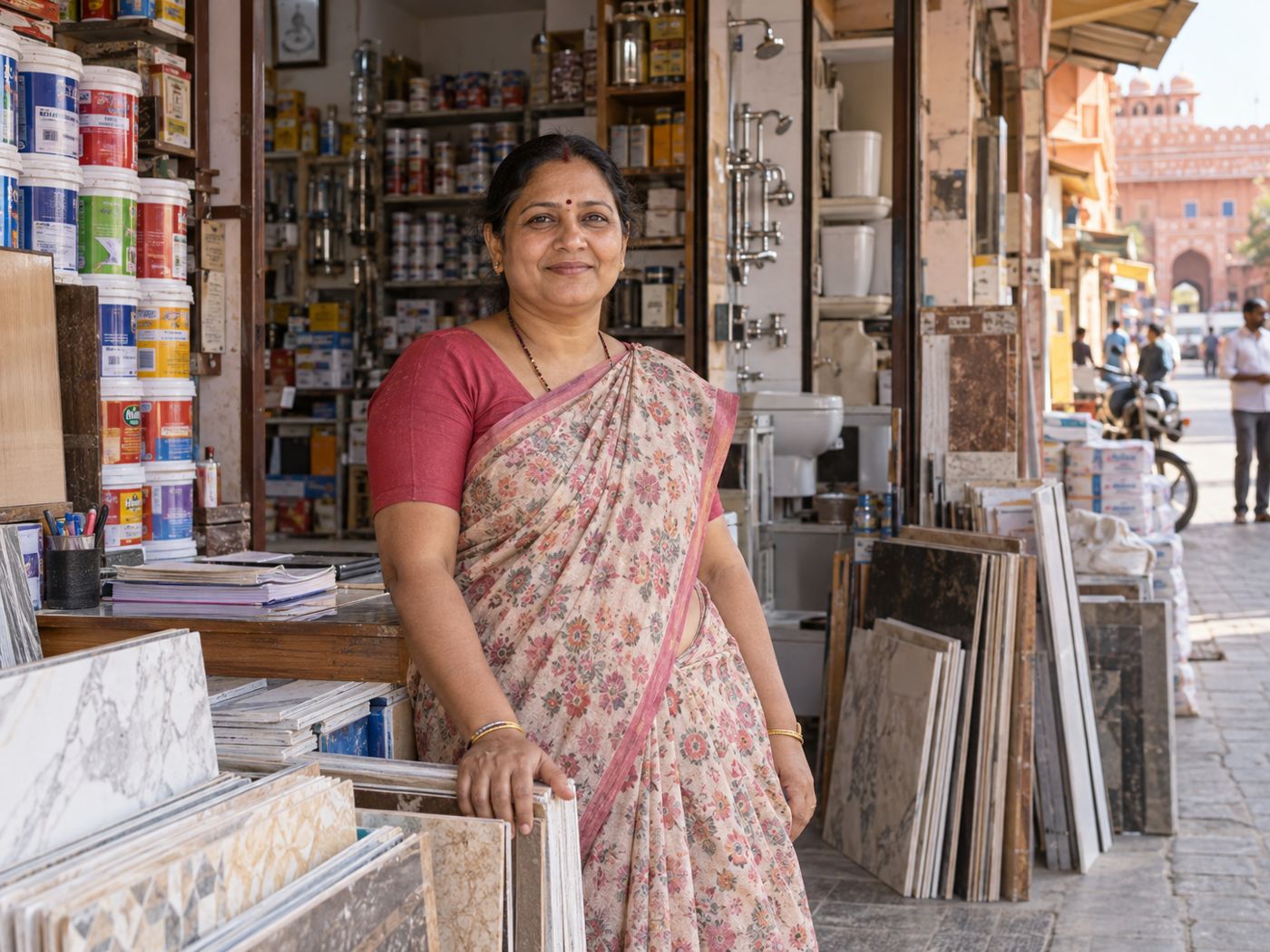 A shopkeeper at the front of her paint and tile shop