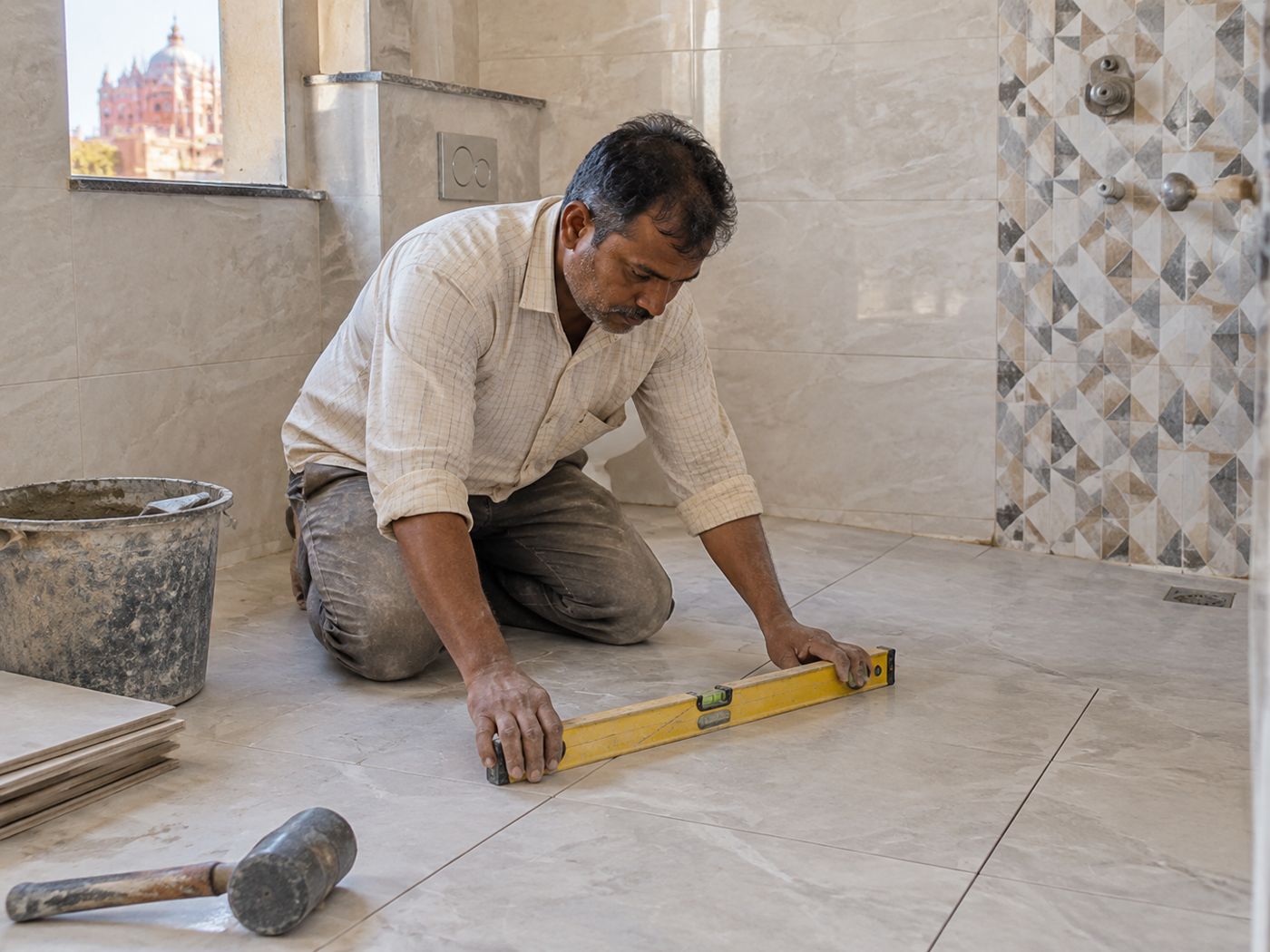 A tile mason checking a level on a finished floor