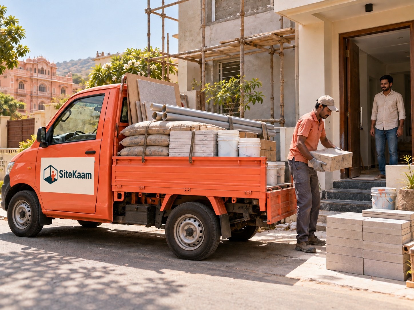Illustrative SiteKaam-branded pickup loaded with building materials